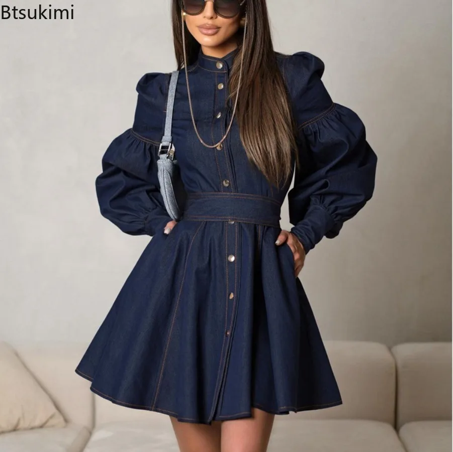 

Women's Denim Mini Dress Lantern Sleeves Lace Up Style Fashionable Dress Patchwork Bandage Streetwear Female Slim Casual Dress