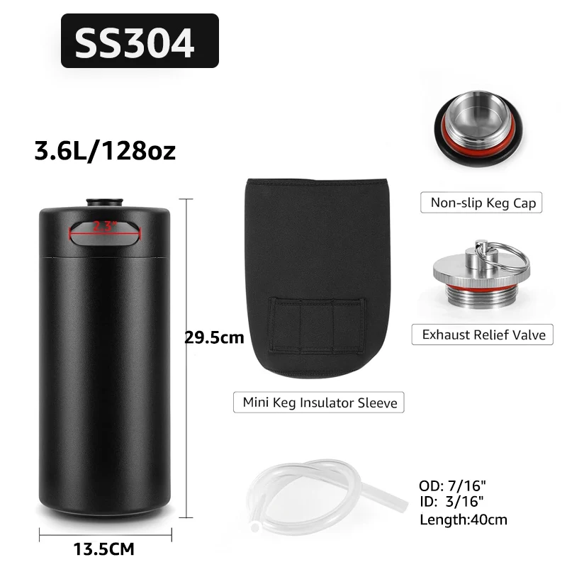 3.6L/128oz Beer Growler Mini Keg with Neoprene Jacket, 304 Stainless Steel Mini Growler Portable Pressurized Beer Bottle Kit