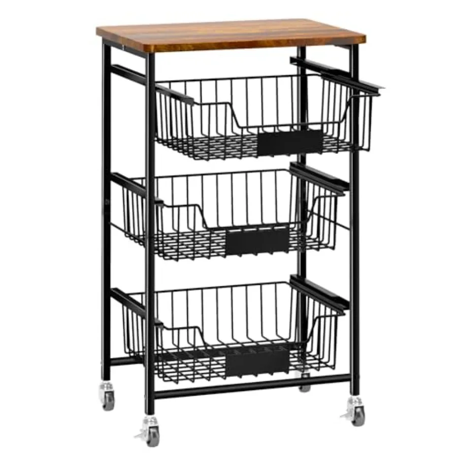 

4-Tier Small Kitchen Storage Cart on Wheels Metal Fruit Basket Stand with Pull-Out Baskets and Wood Top for Potato Produ