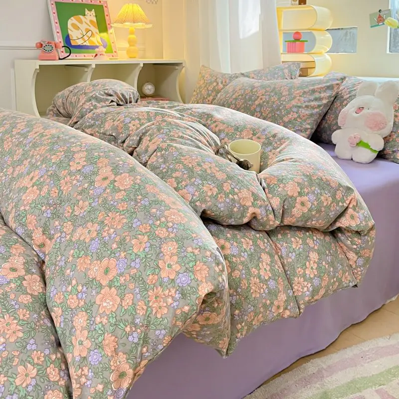 

Purple Fowers Korean Style Cover Set Skin Friendly Washed Cotton Bedding and Bed Sheets Girls Comforter Cover Single Queen Size