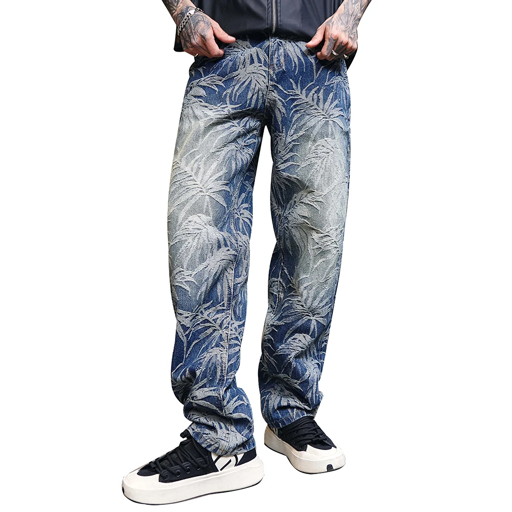 

Men Jacquard Woven Denim Jeans Loose Straight Pants Leaf Pattern Washed Blue Cotton Trousers