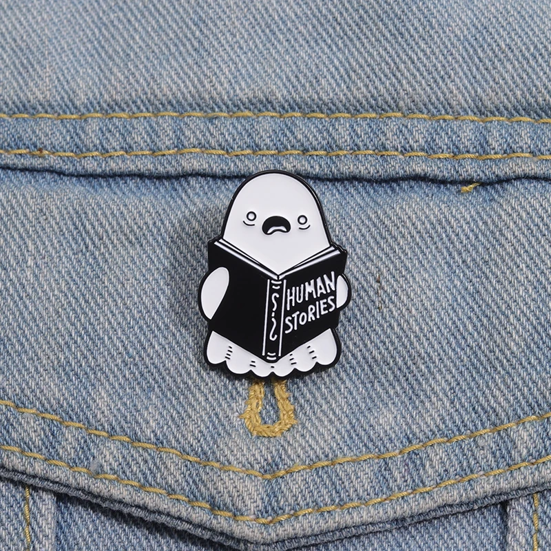 Human Stories Boo Enamel Pin Cute Ghost Bookworm Brooches Backpack Collar Lapel Badge Halloween Punk Jewelry Gift For Kid Friend