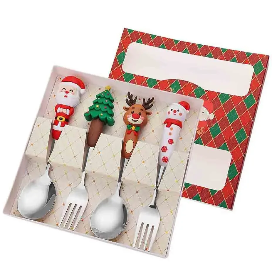 4PCS Weihnachten Besteck Set Silber Löffel Gabel Set Elch Weihnachten Baum Dekoration Dessert Scoop Kuchen Gabel Besteck Kaffee Löffel