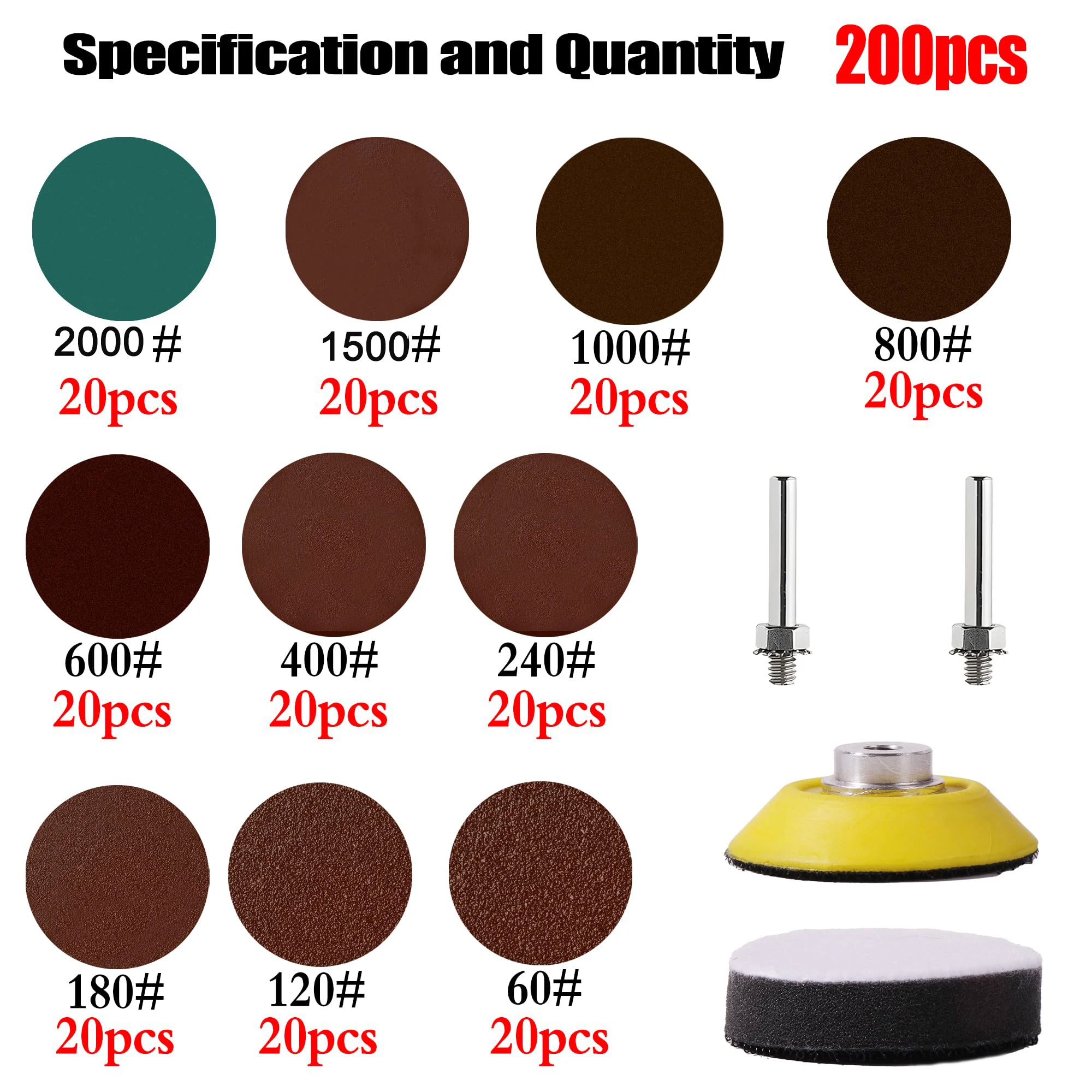 204 Pcs 2 Inch Sanding Disc Set Hook and Loop Drill Bit Sander Attachment Assorted for Die Grinder Rotary Tools for Polishing