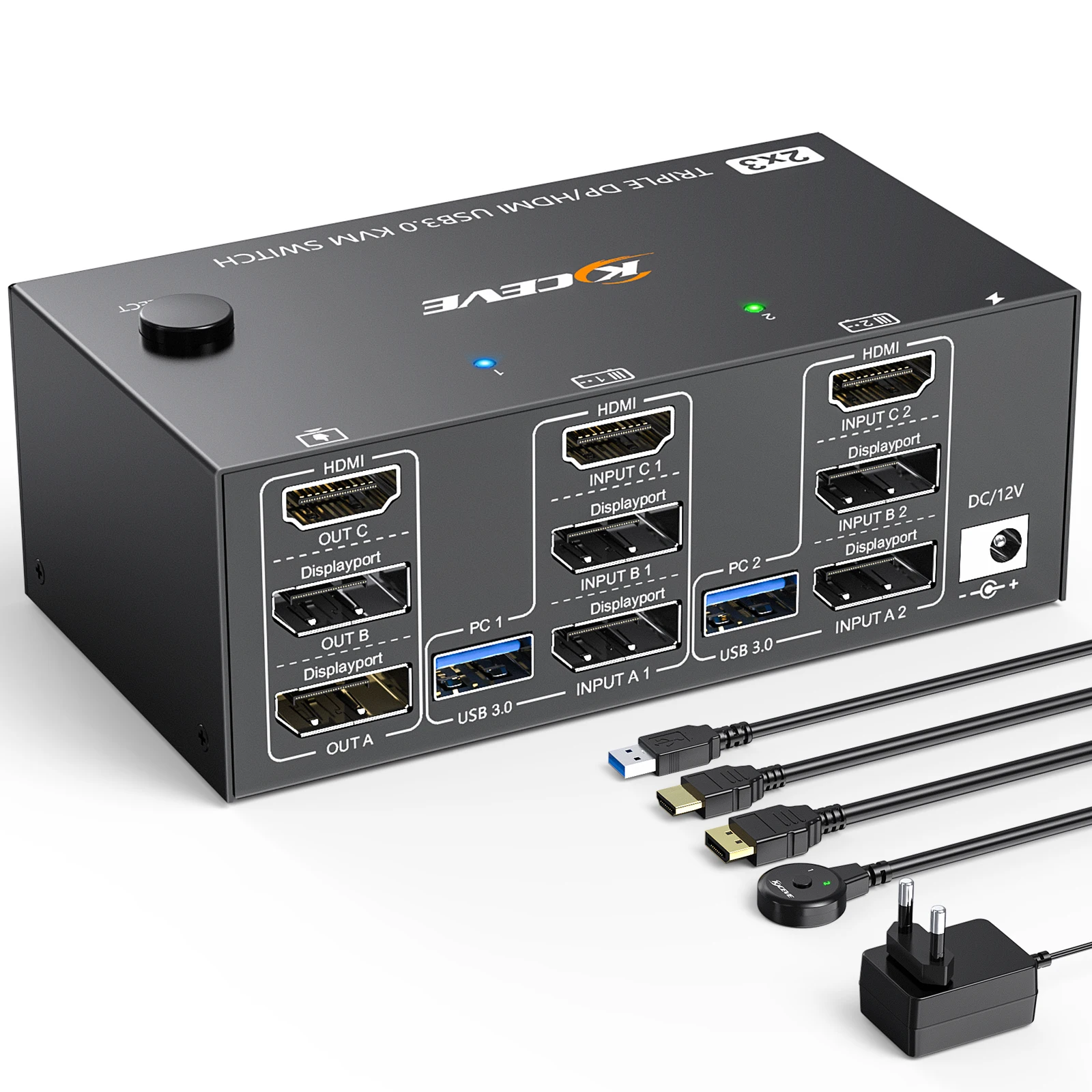 

KVM Switch 4 Monitors 2 Computers, KCEVE USB 3.0 HDMI + DisplayPort 8K@30Hz/4k@144Hz for 2 Computer Share Four Monitor 4 USB 3.0