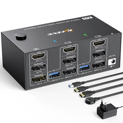 KVM Switch 4/3 Monitors 2 Computers,KCEVE USB 3.0 HDMI+DisplayPort 8K@30Hz/4k@144Hz for 2 Computer Share 3/4 Monitors 4 USB 3.0