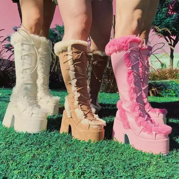 Botas femininas plataforma de pele sintética com cadarço design sola grossa estilo grunge para negrito casual streetwear moda alternativa parece