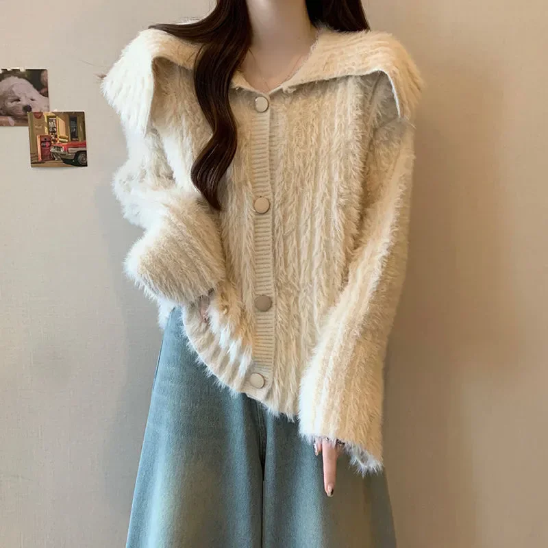 Koreanischer Pullover Herbst Winter neue Marine Kragen Plüsch jacke lose abnehmen gestrickte Strickjacke Mantel Frauen