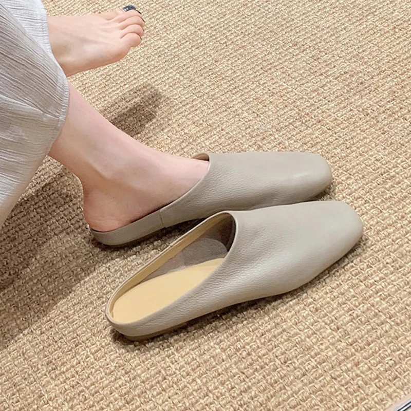 Brief Solid PU Leather Mules Woman Square Toe Slides Ladies Soft Soled Pantufla Cozy Slip on Barefoot Shoes Female Flat Slippers