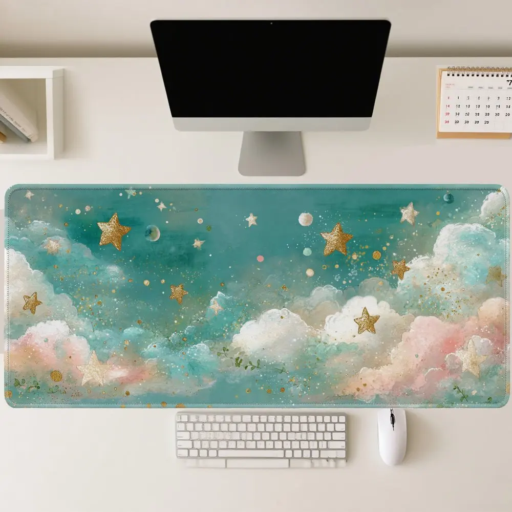 Dreamy Gold Stars Watercolor Gaming Desk Mat Extra Large Soft Polyester Non-Slip Mouse Pad