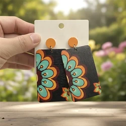 Bohemian Vintage Big Square Wooden Earrings for Women Ethnic Long Painting Pattern Personality Earring Vacation Bijoux Boho Gift
