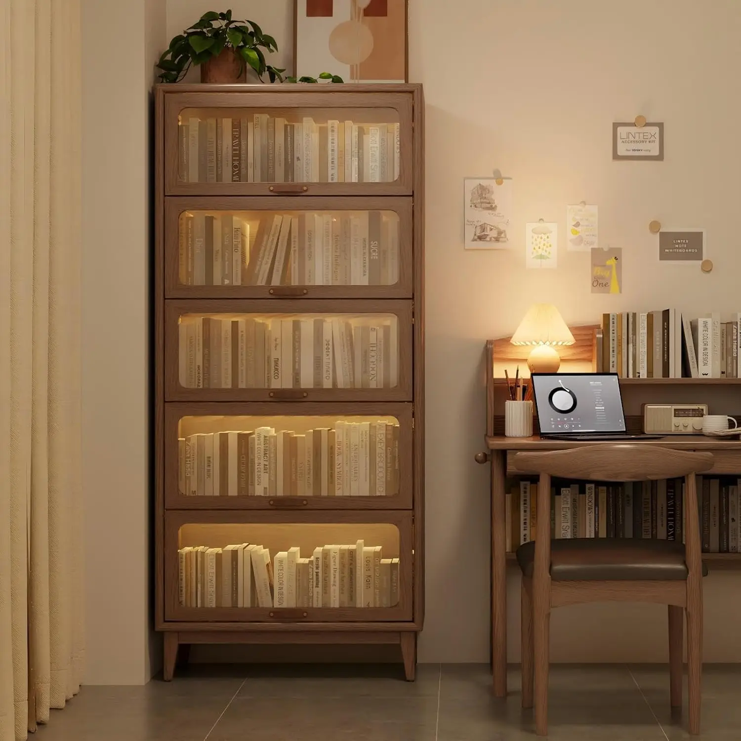 Solid Wood 5 Tier Bookcase with Glass Doors Brown Cube Storage Organizer Pantry Cabinet for Kitchen Home  Customized
