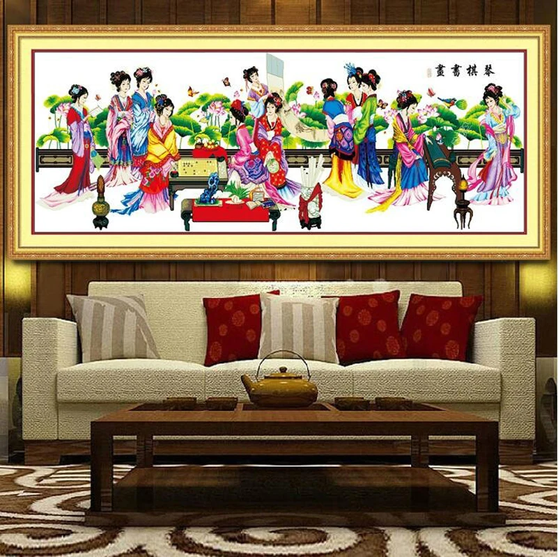 210*76cm large picture traditional Chinese Beauty 12 figures cross stitch kits printed pattern embroidery set living room decor