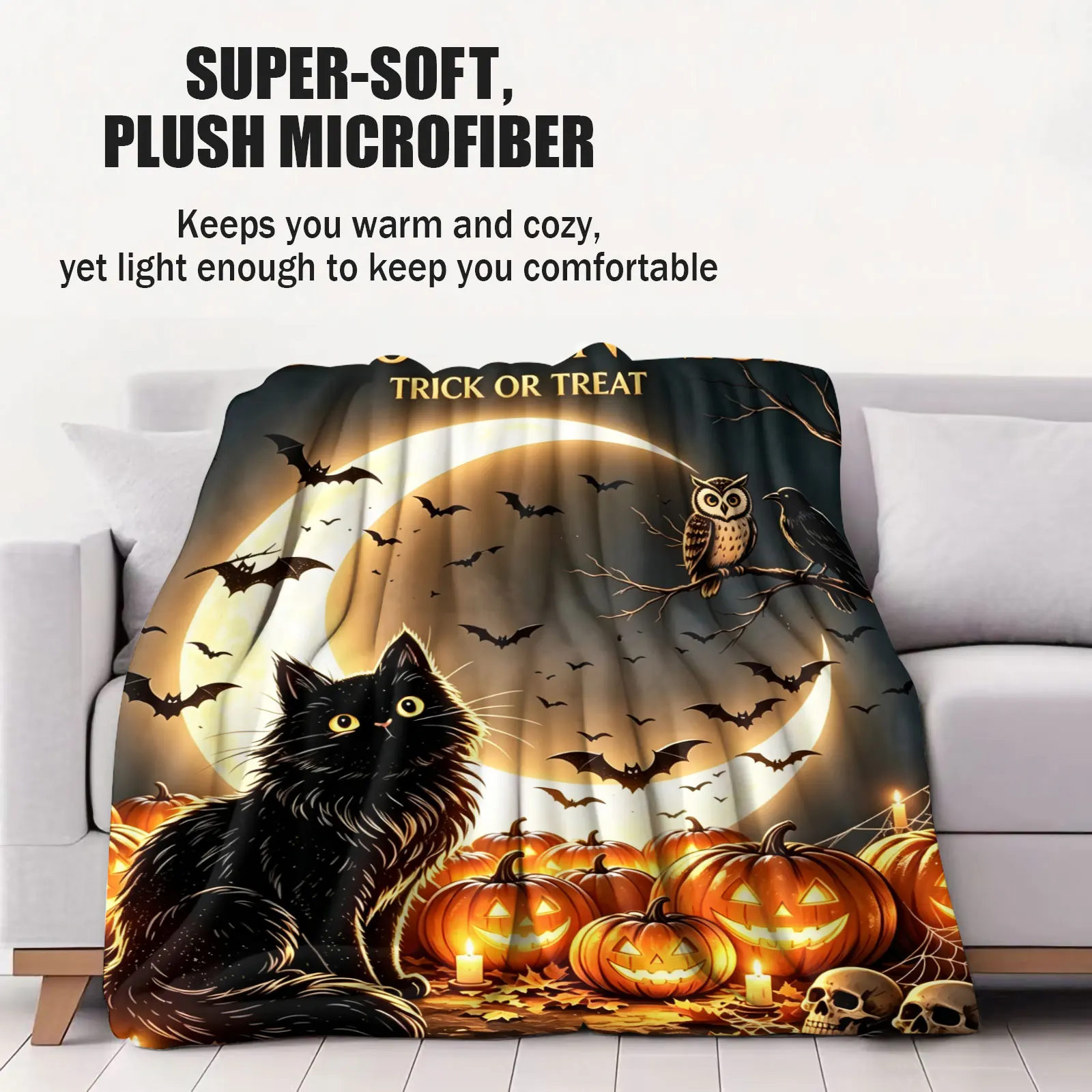 Halloween Night Black Cat Flannel Blanket Pumpkin Bat Skull Moon Print Soft Plush Throw Blanket for Sofa Bed Home Holiday Decor