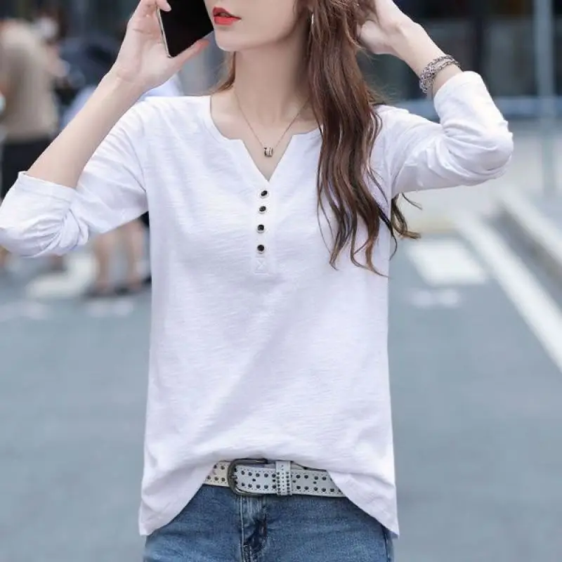 Female Clothing Spring and Autumn New Loose V-neck Button Tee Shirt Long Sleeve T-shirt Women\'s Large Pullover Casual Tops