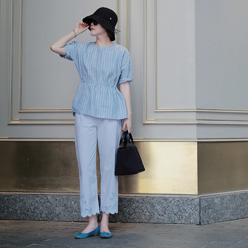 

Новая летняя женская футболка с коротким рукавом, облегающая, с круглым вырезом, в полоску, из 100% хлопка, удобная, повседневная.