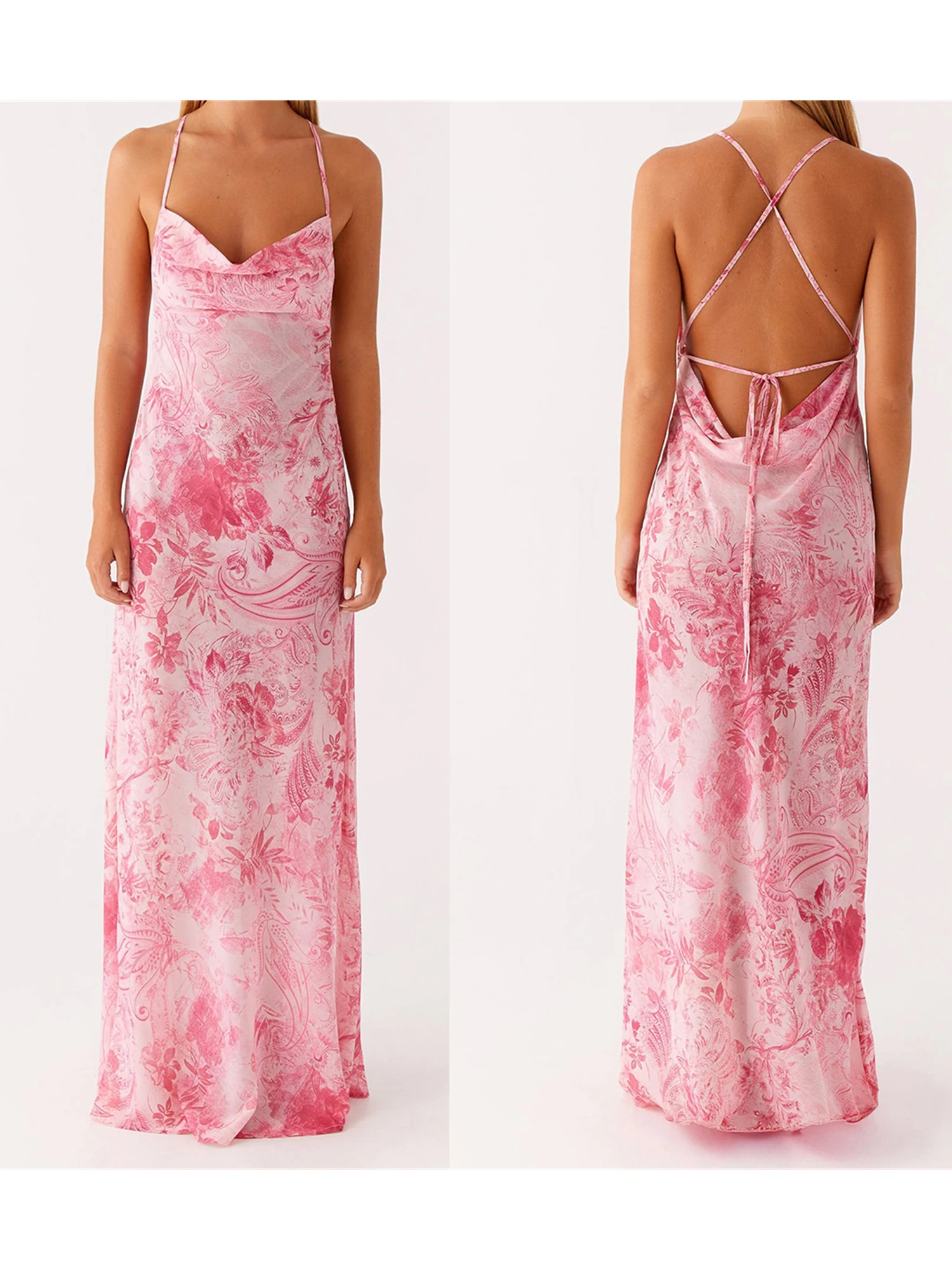 Elegant Sleeveless Floral Print Maxi Dress with Cowl Neckline and Open Back Tie Detail for Evening Party or Clubwear