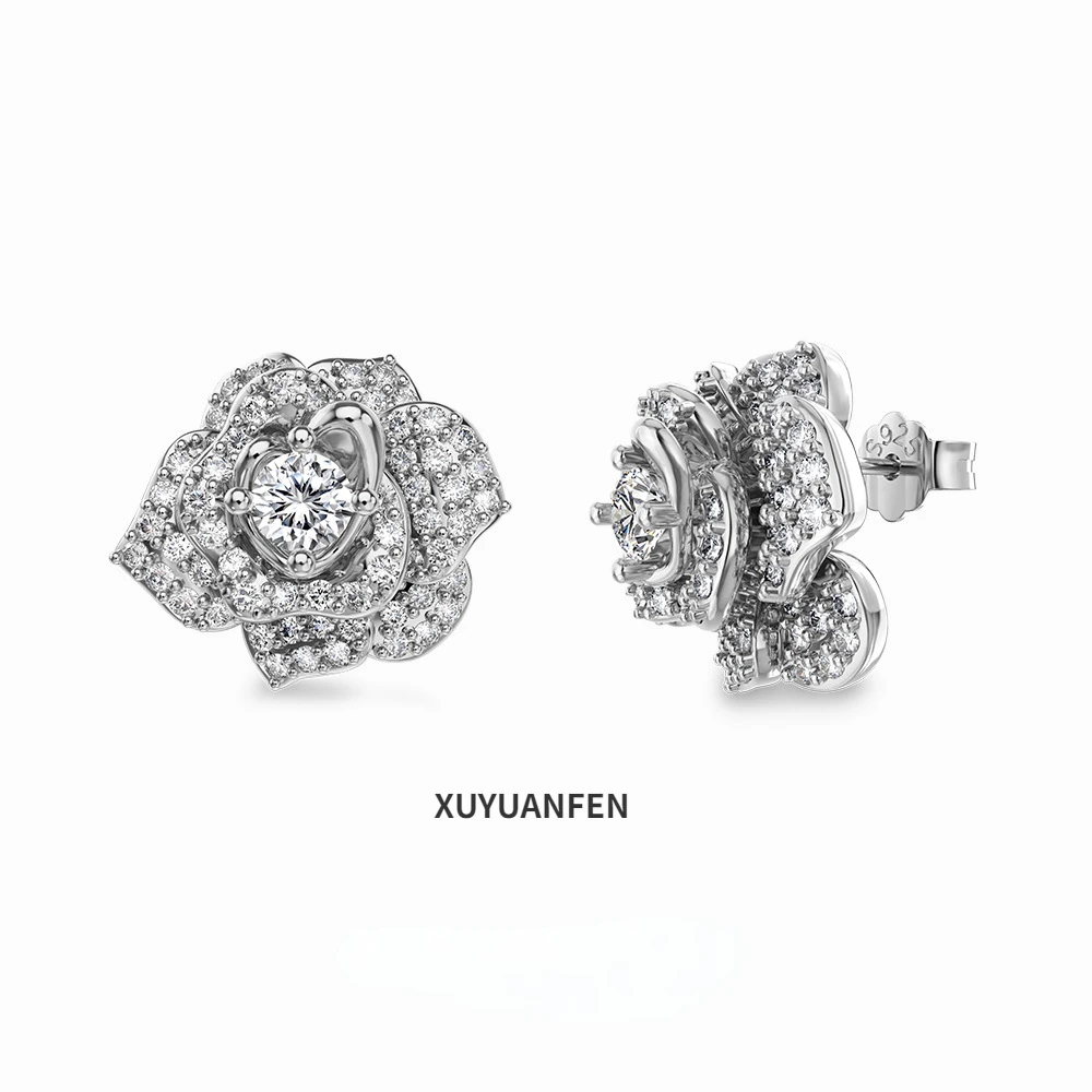 

XUYUANFEN European and American New S925 Pure Silver Ear Stud Women's Rose Zircon Inlaid Exquisite Wedding Banquet Design