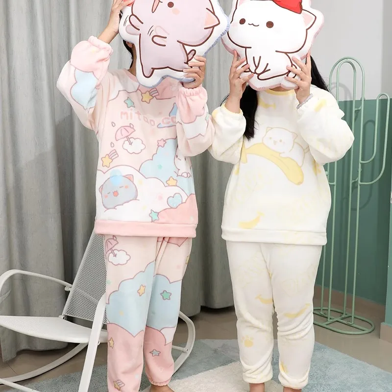 

Cartoon Pajama Set Long Sleeve Round Neck Flannel Homewear Panda Bubu & Yier Animation Derivative For Spring Autumn Winter
