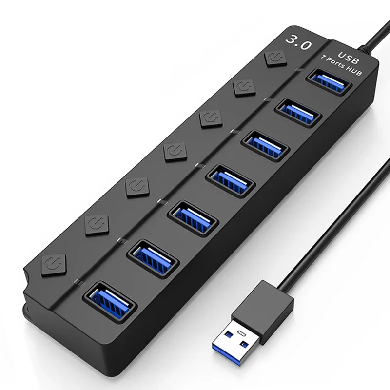 USB 3.0 Hub with 4 or 7 Ports, Independent Switch Control, Suitable for Laptops, USB Drives, Hard Drives, Printers, Cameras, Key