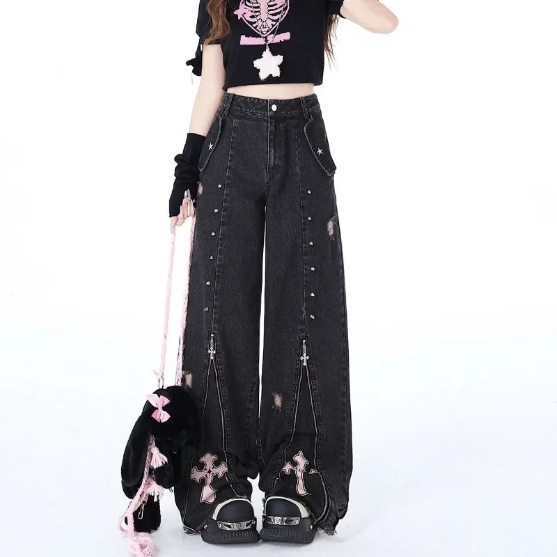 Deeptown Y2k Black Gothic Women Jeans Harajuku Vintage Wide Leg Japanese 2000s Style Denim Pants Baggy Grunge Trousers Punk