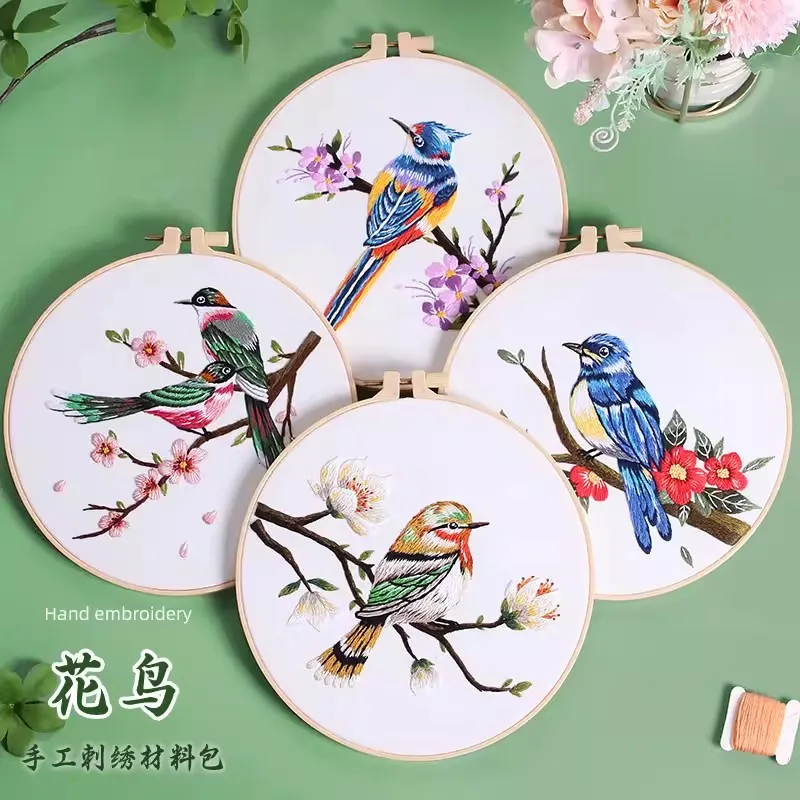 Chinese Style Bird & Flower Embroidery Kit, DIY Hand Sewing Kit with Printed Fabric, Complete All-in-One Craft Gift for Beginner