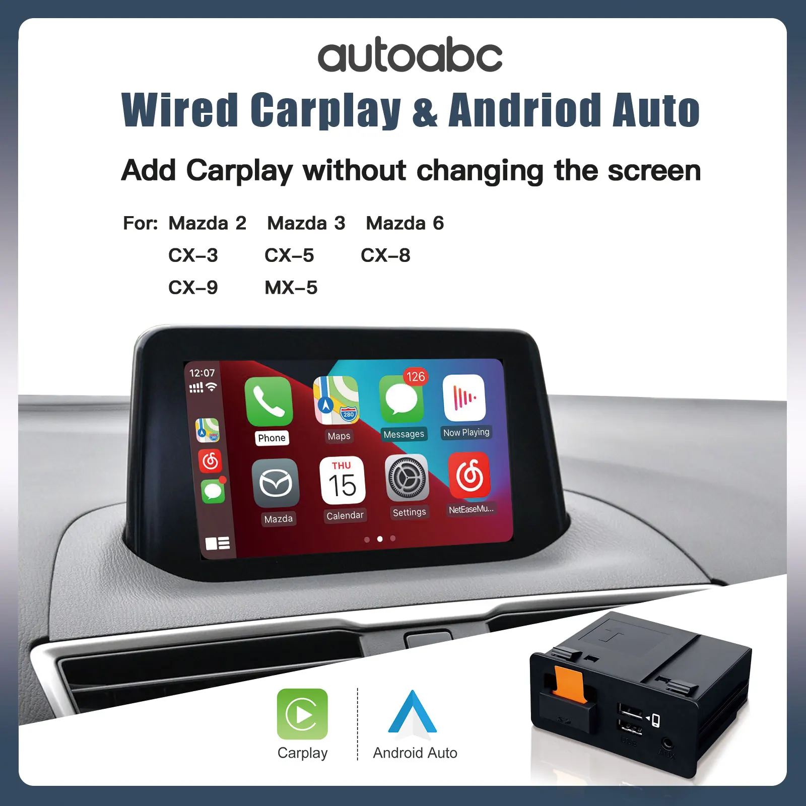 Autoabc CarPlay Android Auto Decoder Kit Wired/WiFi For Mazda CX-9/CX-5 With & Google Assistant 1-Year Warranty