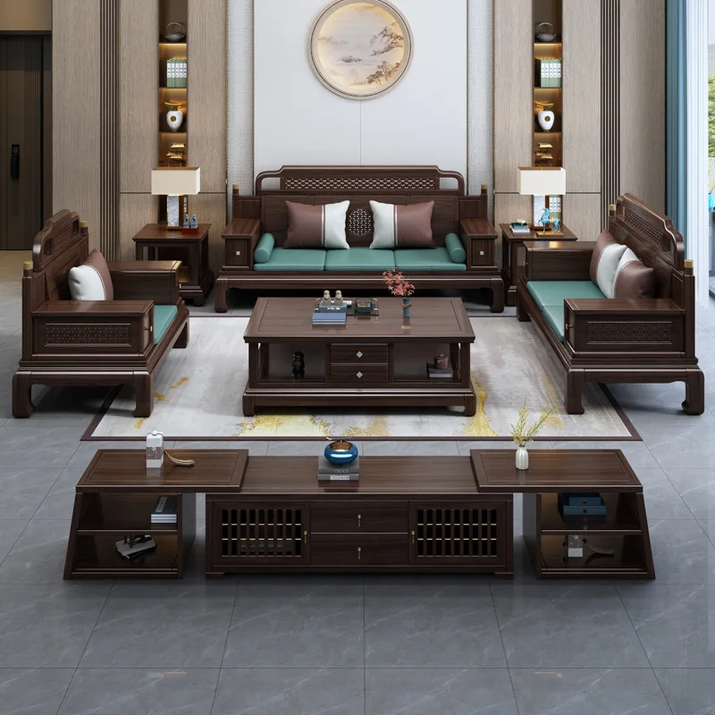 New Chinese ebony solid wood sofa living room combination size apartment winter and summer dual-purpose Chinese simple