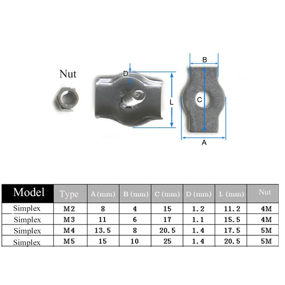 5Pcs M2-M5 Stainless Steel Simplex 1/2-Post Bolt Clip Wire Rope Cable Clamp Anti-Slip Simple Grip Fixing Tool Durable Hardware