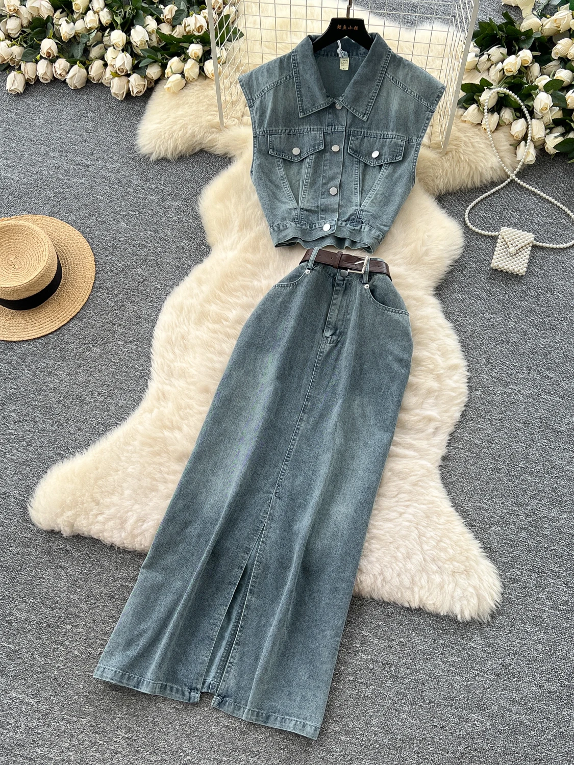 

Hot Girl Retro Denim Set Women Summer Svel irt High Waist Slit Long Skirt f Body Faion Set ort Sve Collar