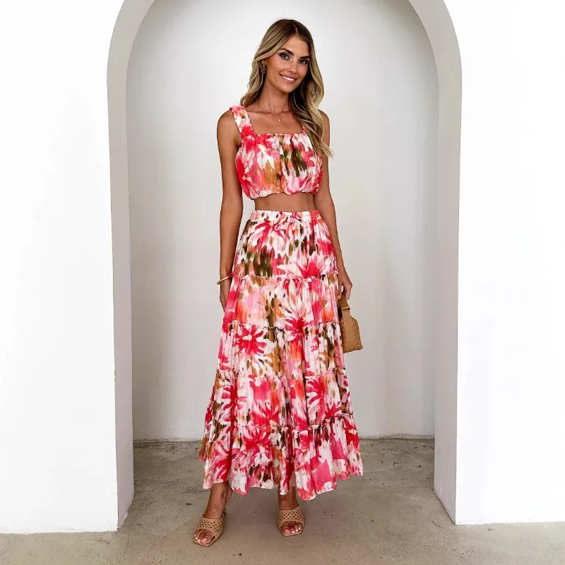 

2025 New Women's Vintage Sleeveless Crop Top & Printed High Waist Skirt Set Boho Two Piece Outfit Summer Y2K Sexy Bandeau Dress