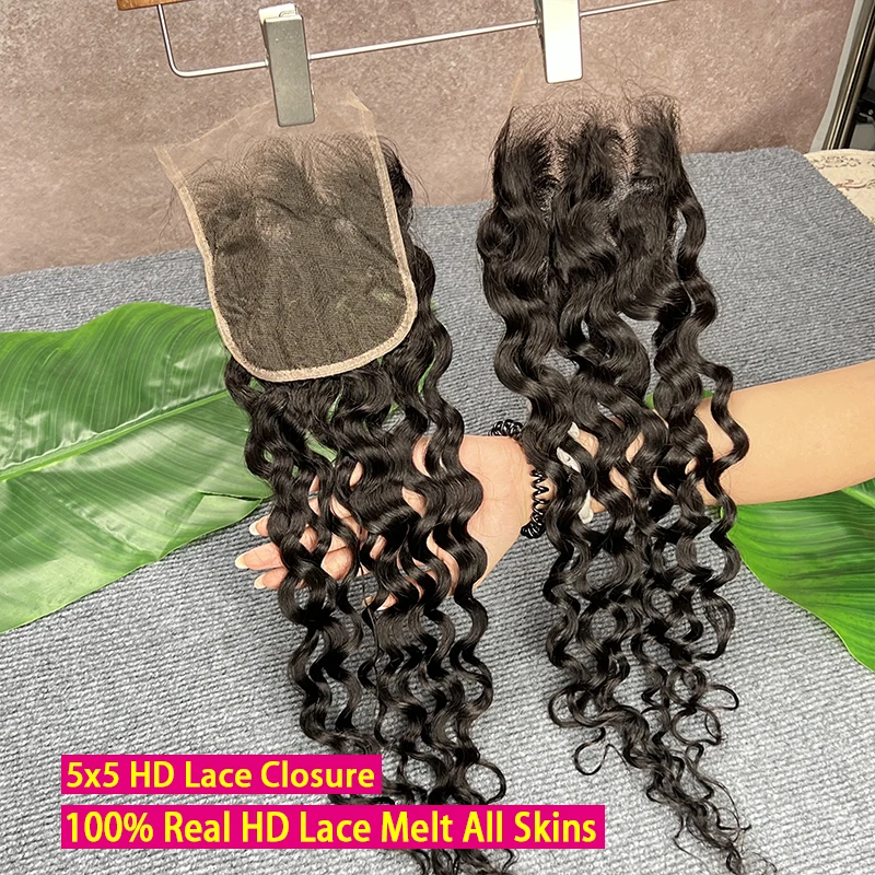 Water Wave 5x5 HD Lace Closure Invisible HD Lace Melt Skin PrePlucked Bleached Knots 100% Raw Virgin Human Hair Natural Color