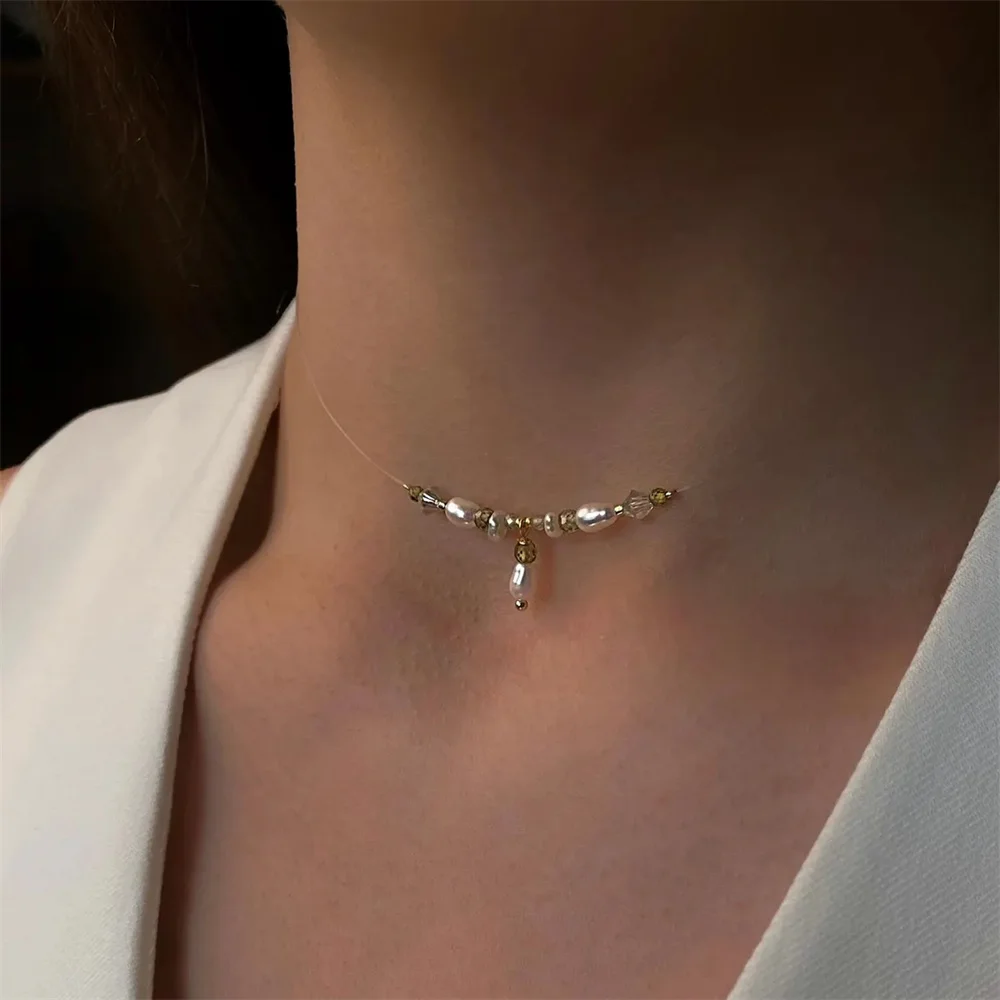 Vintage Fashion Gold Color Simple Shaped Artificial Pearl Peach  Necklace For Women Female Girl Baroque Choker Jewelry Gift