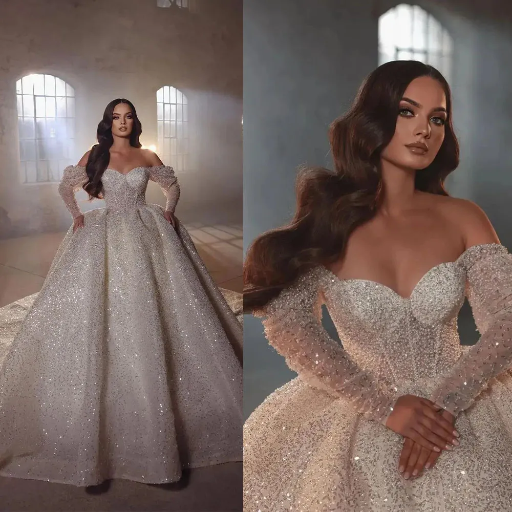 Modern Princess Ball Gown Wedding Dress Full Sequins Off Shoulder Long Sleeve Bridal Gowns Custom Beads Puffy Bride Dresses