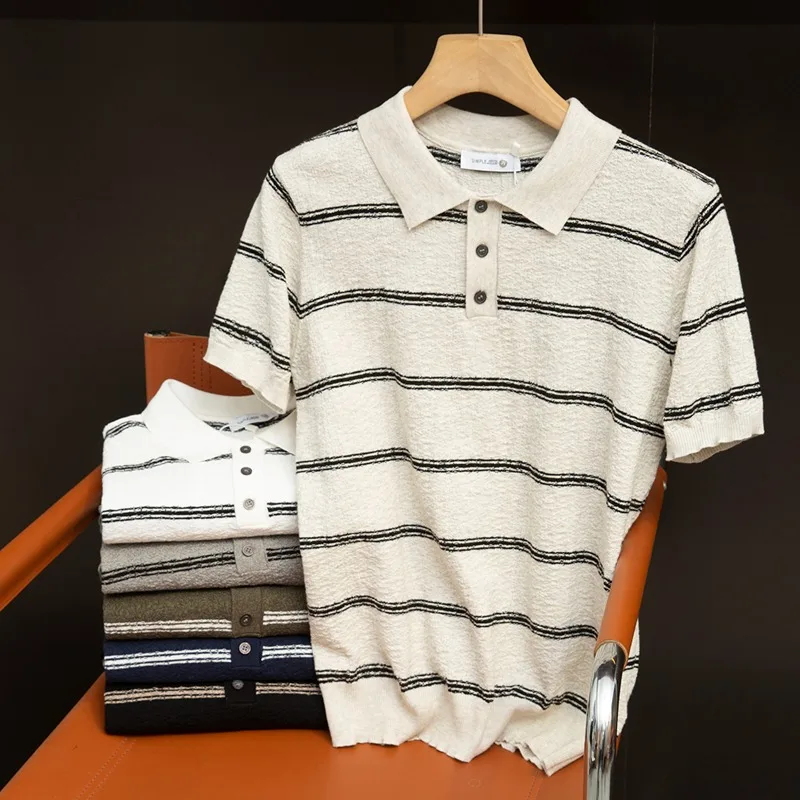 

Knitted Stripe Polo Shirt Man Short Sleeved T-shirt High Quality Old Money Man Cotton Summer New Social Jersey Shirts