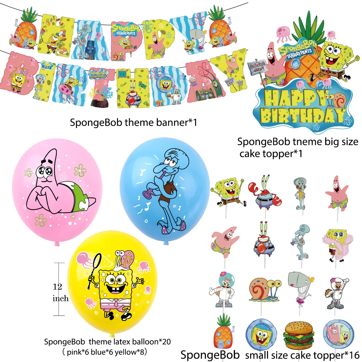 17pcs Cartoon Sponge-bob Cake Topper Set Cake insertion card Birthday Party Cake Decoration Party Decoration Supplies