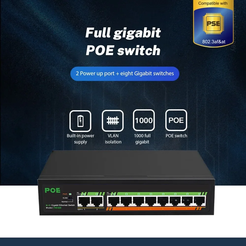 POE Gigabit Full Gigabit 1000Mbps 8 Ports POE Switch 2 Uplink ports Ethernet Switch Network Switch for Camera/Wifi Router