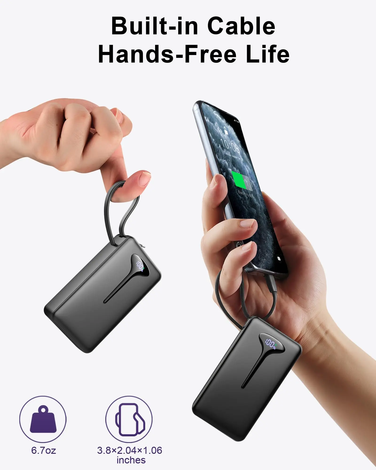 شاحن محمول بقوة 10000 مللي أمبير في الساعة مع شحن سريع 22.5 وات، ومدخل USB-C، وكابل مدمج، وأساسيات السفر لهواتف iPhone وAndroid