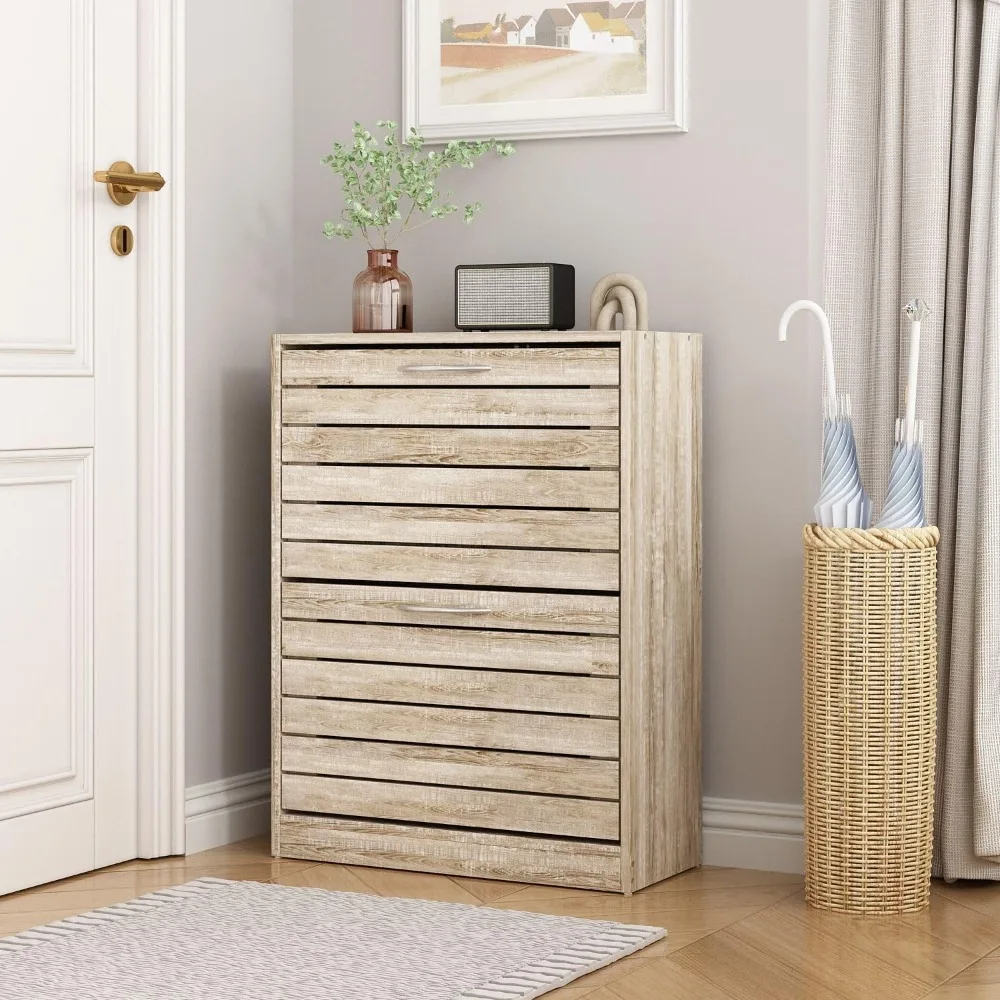 

Small Shoe Cabinet with 2 Flip Drawers, Slim Shoe Storage Cabinet Shoe Organizer, Louvered Surface, No Backboard, for Entryway L