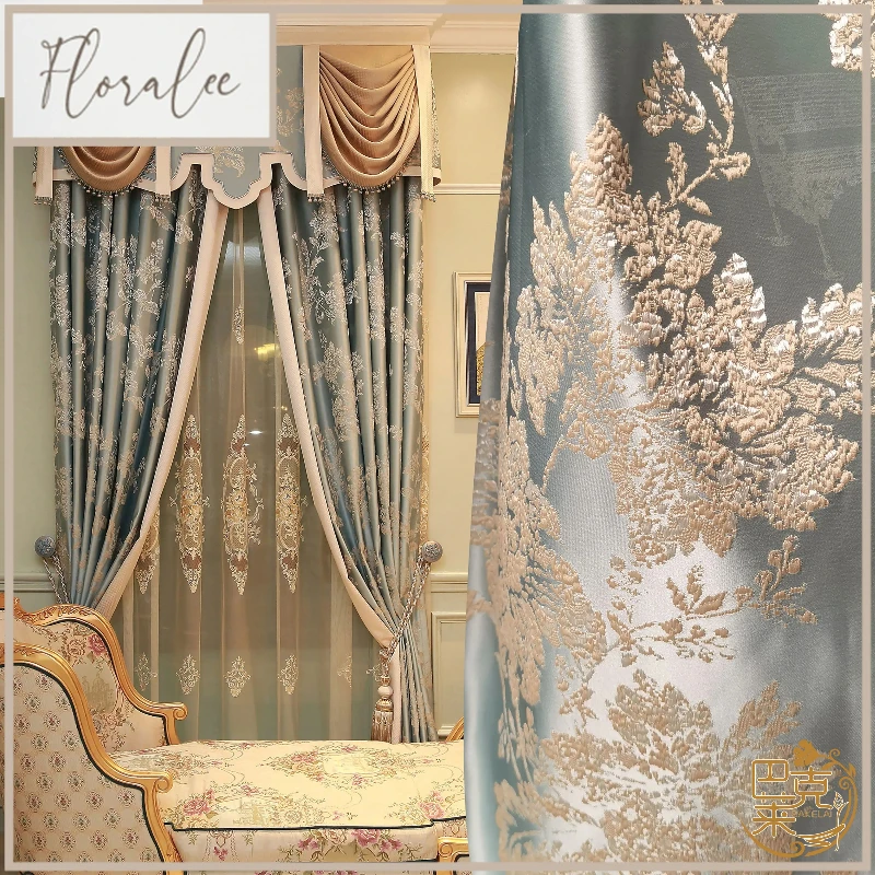 Customized Blue Jacquard Patched Curtains For Living Room Bedroom French Window Balcony Floating Window Finished Products