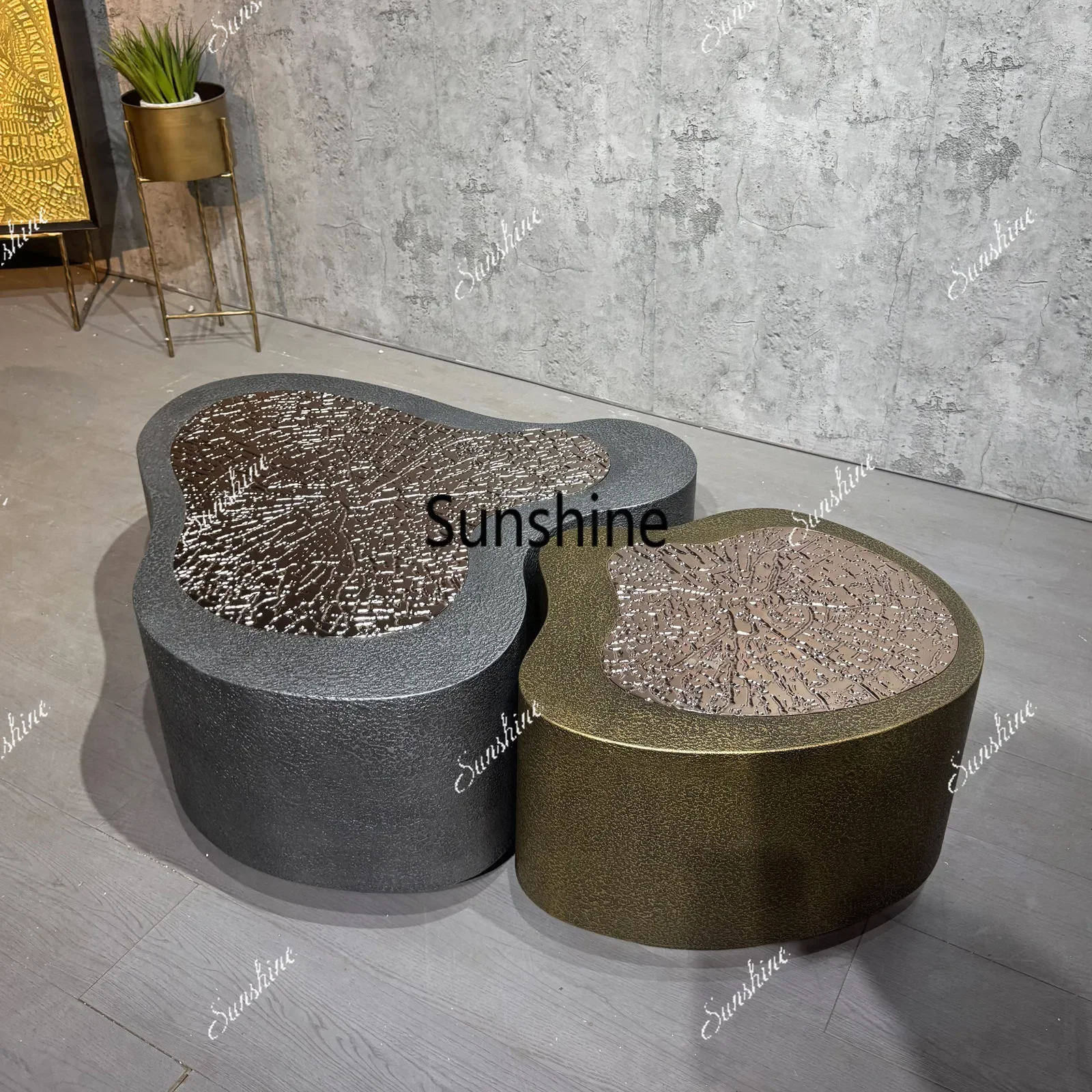 

Medieval style high-end stainless steel old living room villa special-shaped coffee table combination