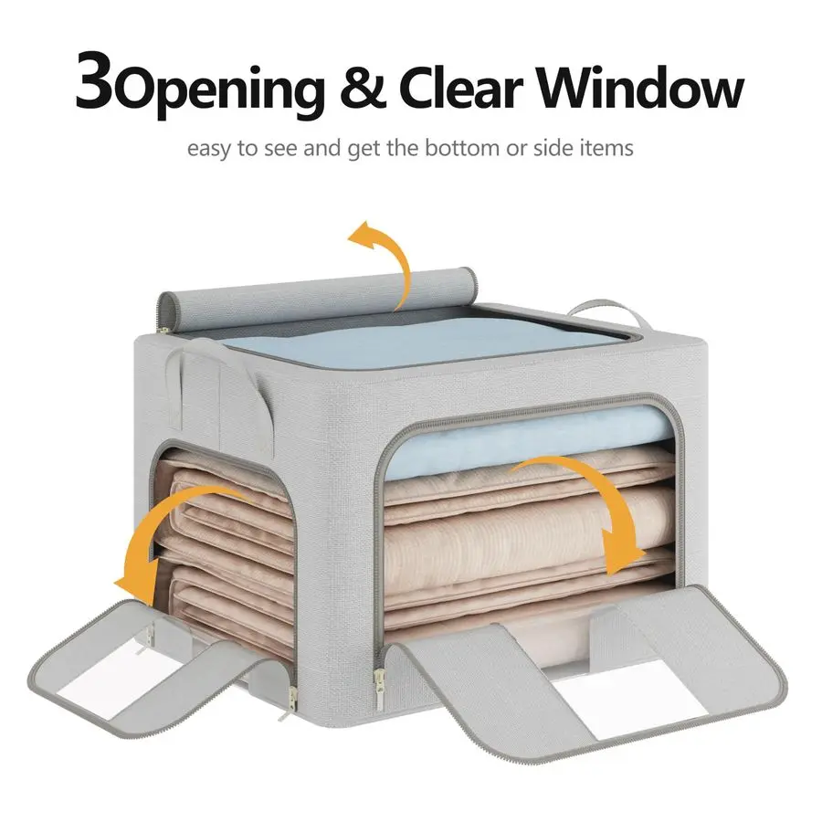 メタルフレーム付き衣類収納ボックス3個パック、クローゼットオーガナイザーと収納ボックス、積み重ね可能で折りたたみ可能な衣類オーガナイザーバッグ