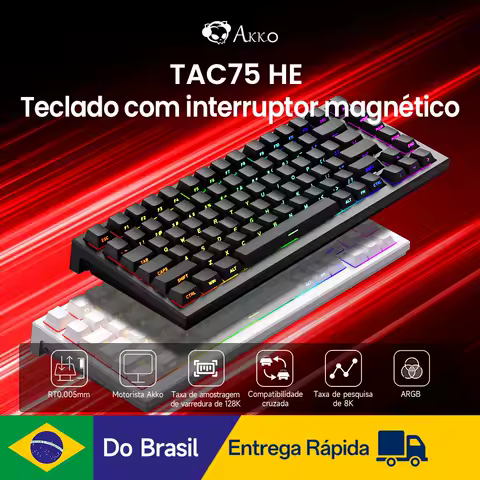 Teclado Mecânico Personalizado Akko TAC75 HE 75% com Switches Magnéticos, Rapid Trigger 0.005mm, ARGB, Taxa de Polling 8K, com Fio para Gamers
