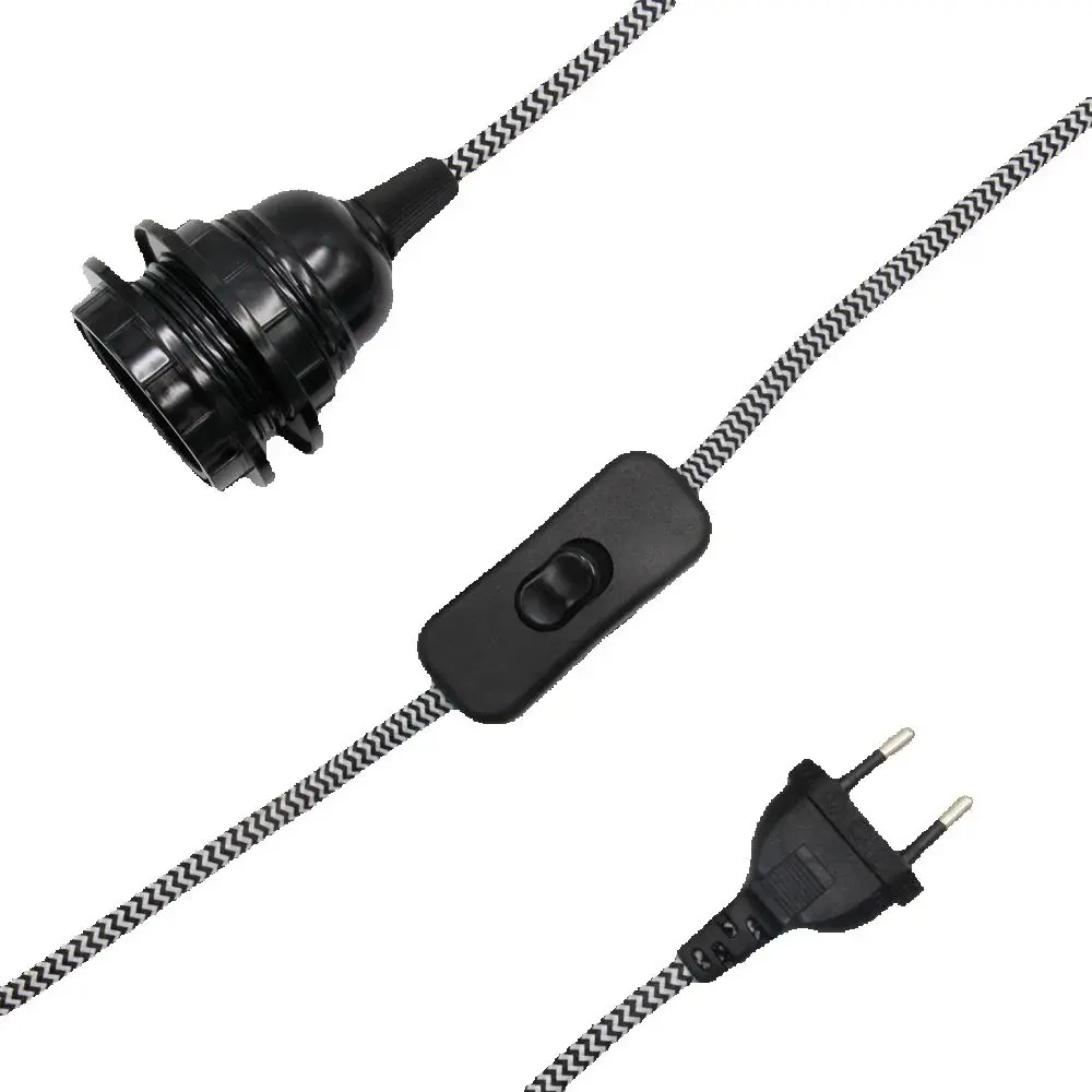 220-240V EU Standard Hanging Lamp Cords Fabric Cable with European Plug Inline Switch E27 Lamp Holder with 2  Rings