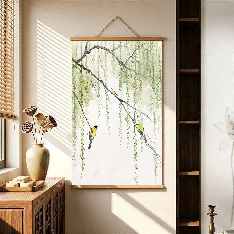 Wall Decor Small Birds on Delicate Spring Branches, Soft Botanical Pearlescent Canvas Wall Hanging Scroll for Reading Nook Decor