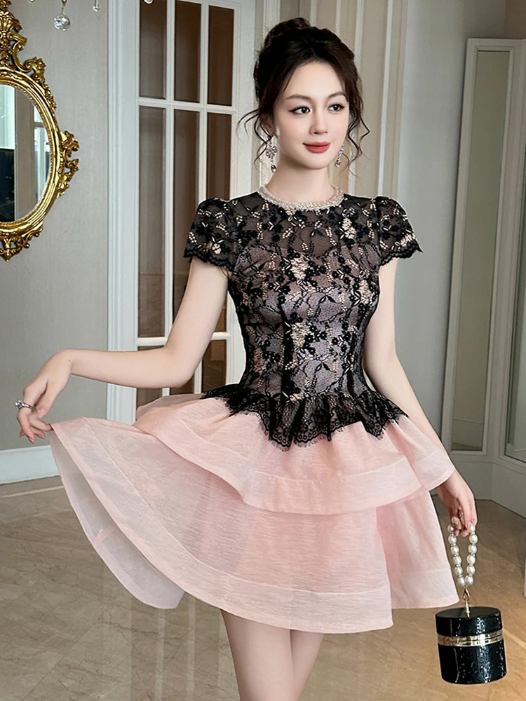 Women's Vintage French Cake Dress Exquisite Socialite Black Pink Patchwork Lace Hook Flower Hollow Ruffles Gown Party Vestidos