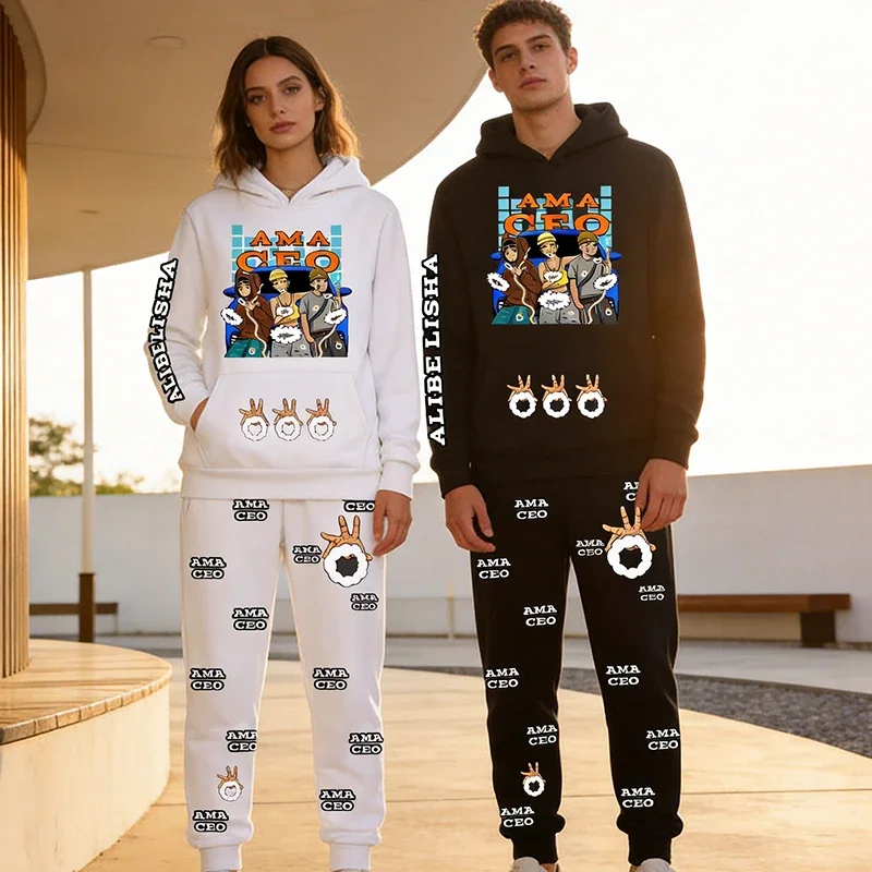 AMA CEO Cartoon Graphic Hoodies Jogger Pants 2 Piece Set Men Fashion Hip Hop Street Casual Pullover Tracksuit Couple Sportswear