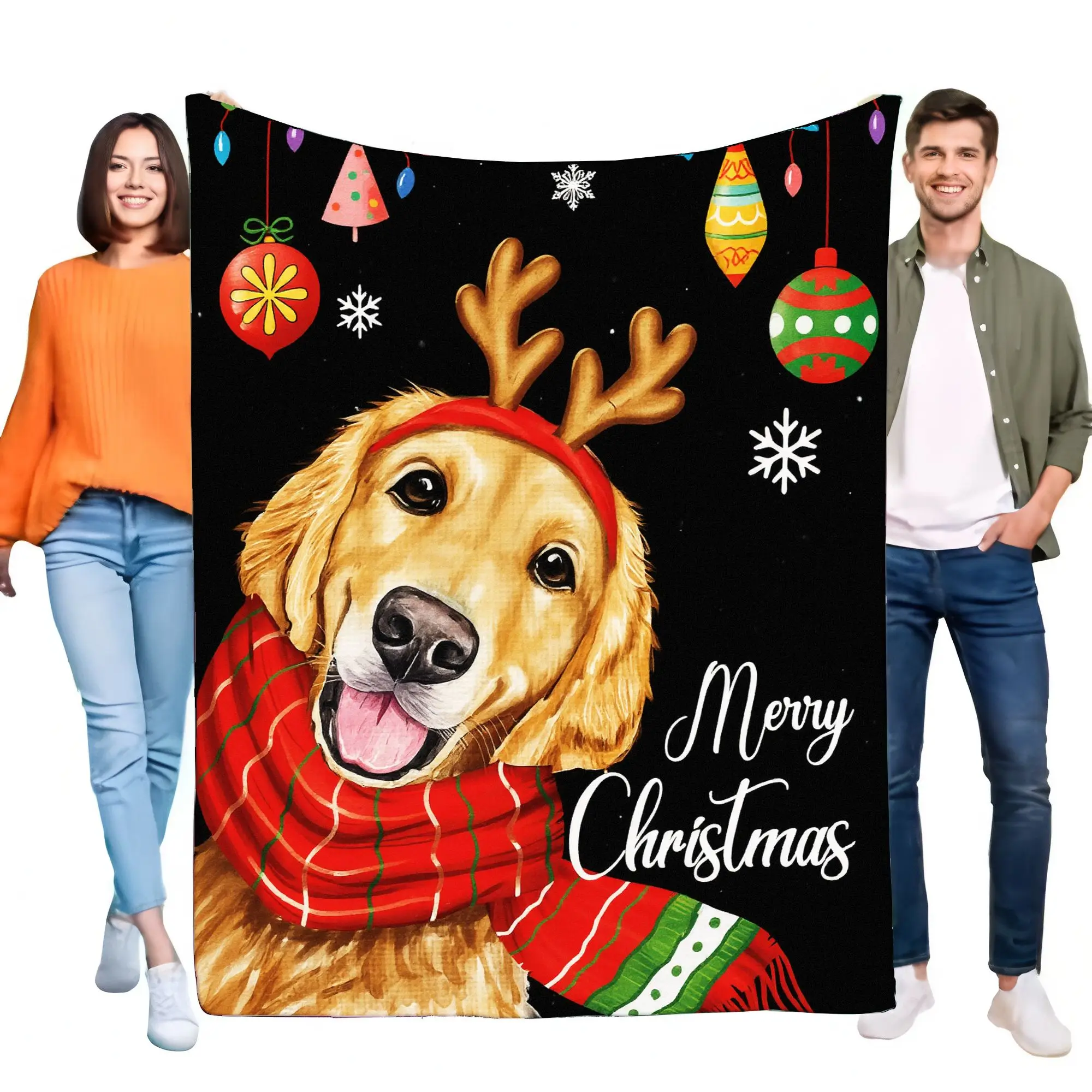 Manta navideña con alegre Golden Retriever, astas rojas y bufanda a cuadros, elegante guión de "Merry Christmas", decoración acogedora
