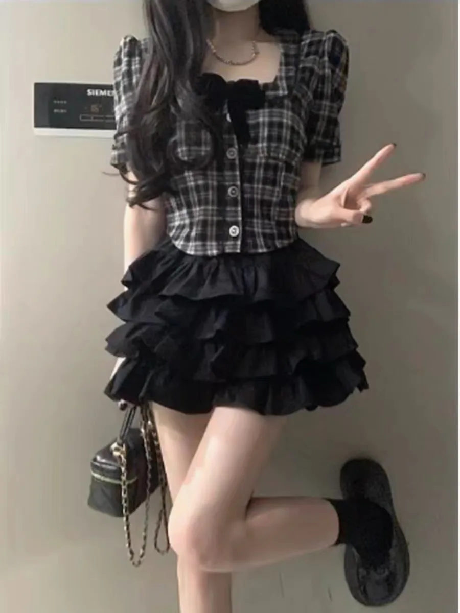 

American Chic Sweet And Spicy ort Skirt Set Women's Summer College Sle Retro Cake Skirt Two Piece Set Faionable Ensemble