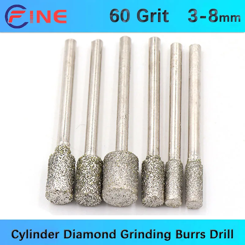 5Pcs 3/4/5/6/8mm Cylinder Diamond Grinding Burrs Drill Engraving Bit for Dremel 60 Grit Coarse